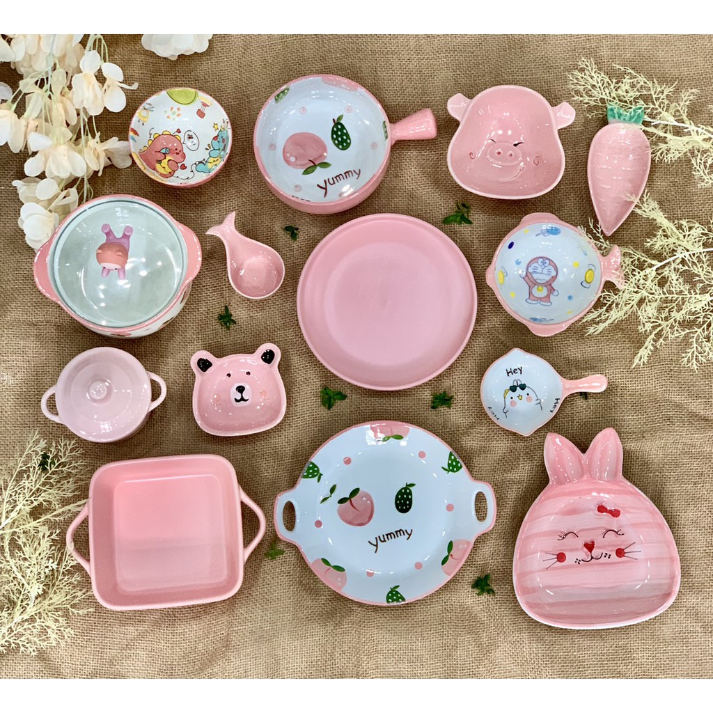 Bộ Bát Đĩa Sứ Bát Ăn Cơm Decor Chén Dĩa Dễ Thương Mầu Hồng Cute Cao Cấp