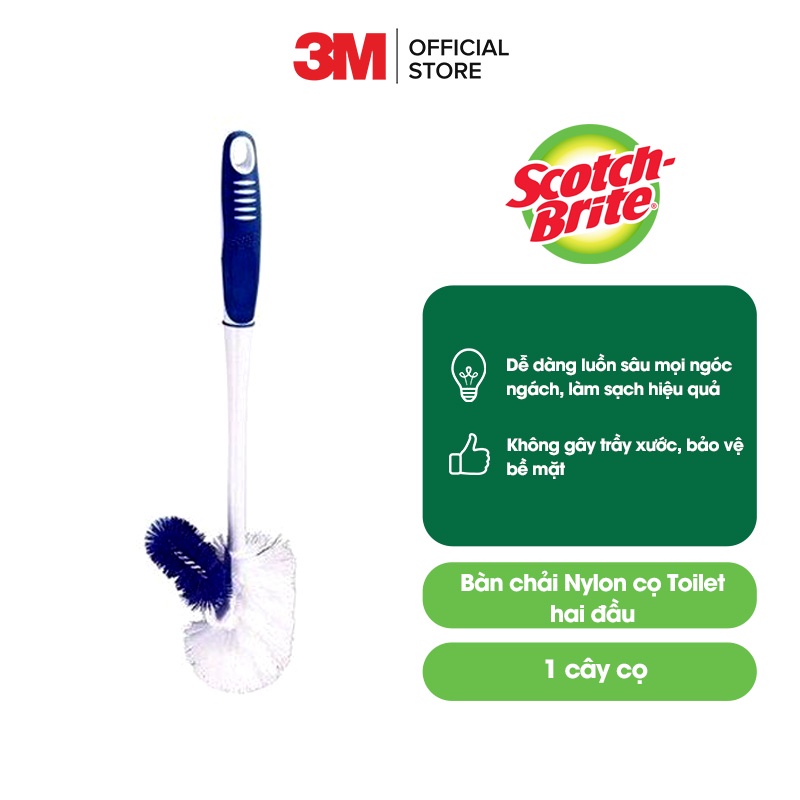 Cọ toilet 2 đầu Scotch Brite 3M đa năng với đầu nylon bền chắc, không gây trầy xước, chạm đến mọi ngóc ngách