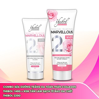 Combo Sữa dưỡng trắng da toàn thân collagen Thebol 140g + Kem tắm làm sạch tế bào da chết Thebol 220g
