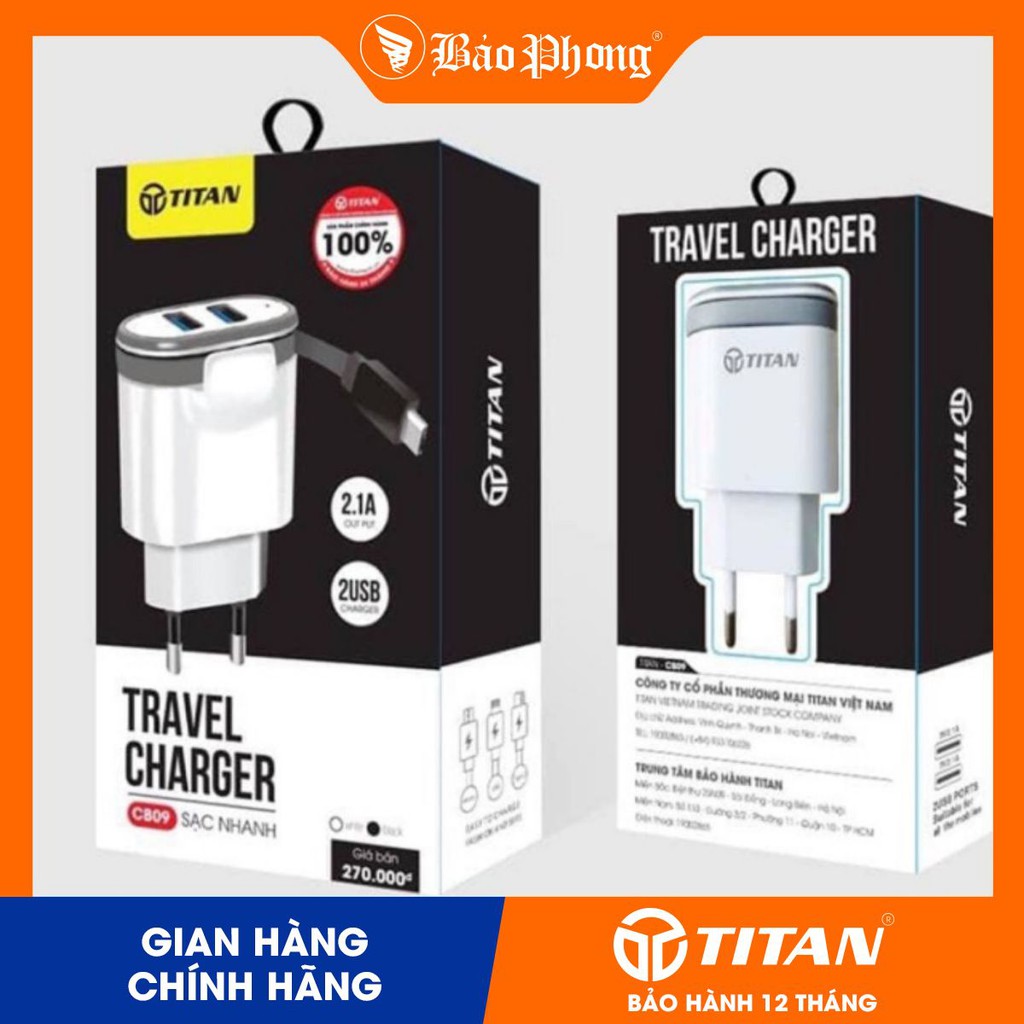 Củ sạc 2 cổng USB TITAN CB09 liền dây micro cho điện thoại iPhone iPad Samsung OPPO Ip 5 6 7 8 x xs max kèm cáp