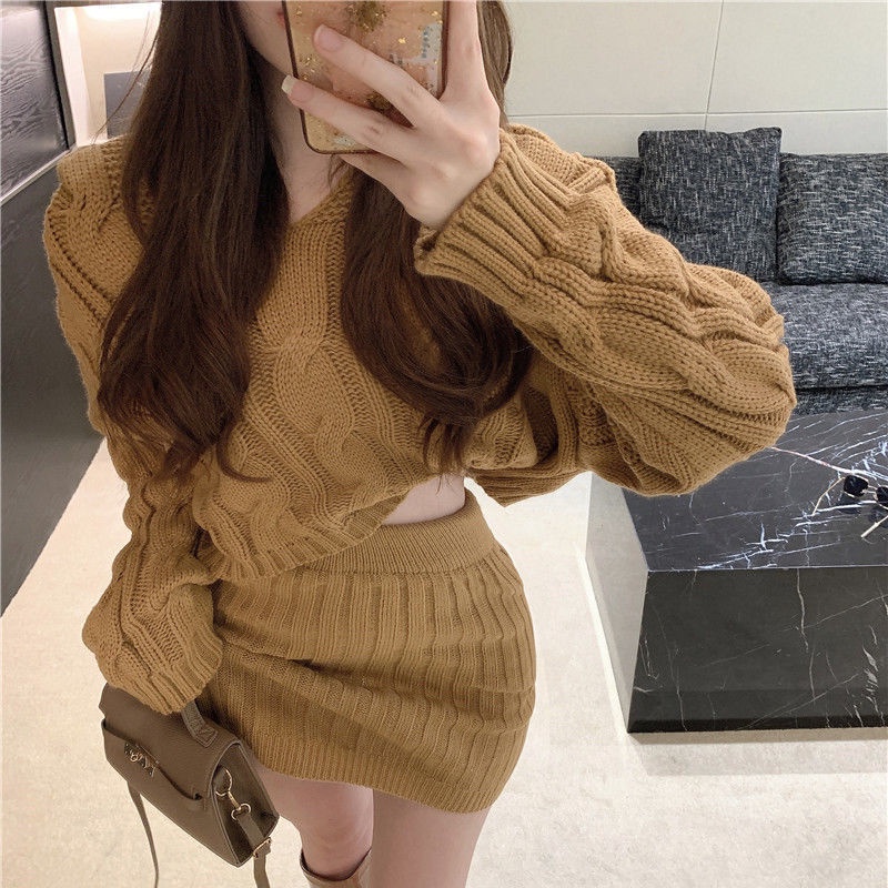 Set Áo Hoodie + Chân Váy Dệt Kim Thời Trang Mùa Thu 2021 Phong Cách Đường Phố Cho Nữ