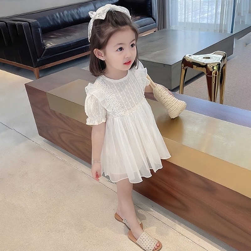 Đầm Xòe Tay Ngắn Phồng Cổ Tròn Màu Sắc Trơn Dành Cho Bé Gái