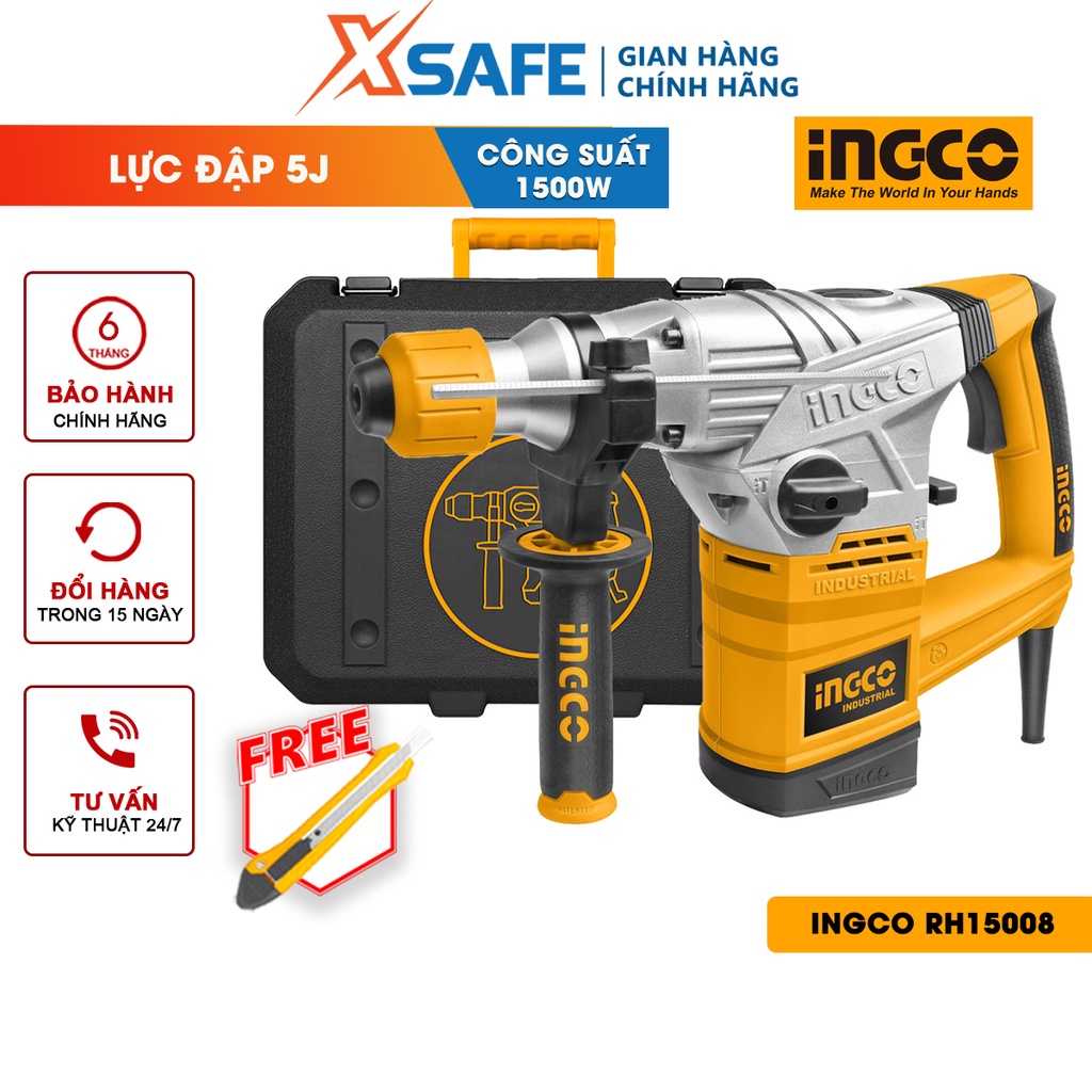 Máy khoan đục 1500W INGCO RH15008 kèm 3 mũi khoan gài, 2 mũi đục Máy khoan đục cầm tay tốc độ không tải 750 vòng/phút