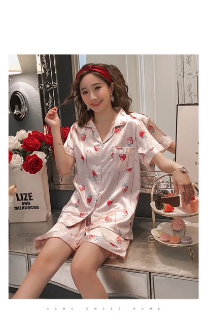 Bộ mặc nhà big size pijama short màu hồng trái dâu size lớn 75-95kg