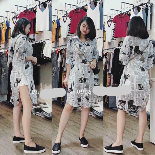 Đầm suông sơ mi lai bầu in hình tờ báo
