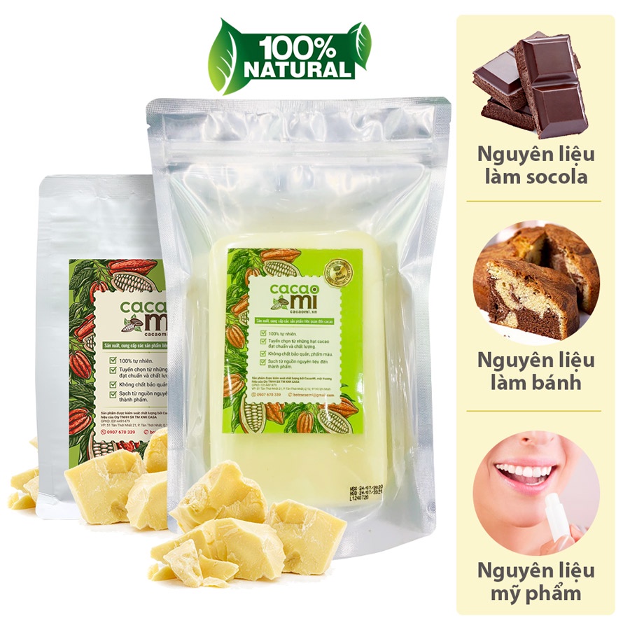Bơ cacao nguyên chất ép từ hạt ca cao thô dùng làm socola chocolate, làm bánh, ăn chay CacaoMi Cocoa Butter