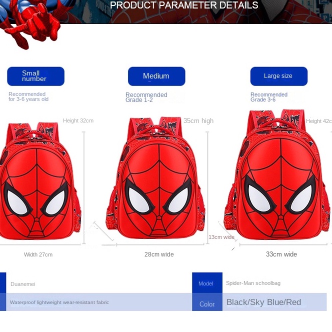 ♛Ba Lô Đi Học Họa Tiết Hoạt Hình Spiderman 3D Siêu Nhẹ Chống Thấm Nước Cho Bé Trai Lớp 1-5