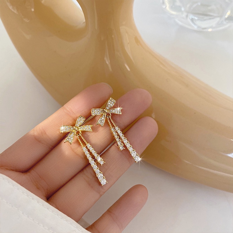 Đôi khuyên tai dài hình nơ đính kim cương thời trang Hàn Quốc 925