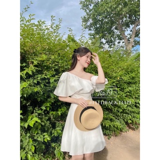 Váy trắng lệch vai. Đầm trắng bẹt vai tiểu thư Tia19 ( Ảnh thật shop chụp)