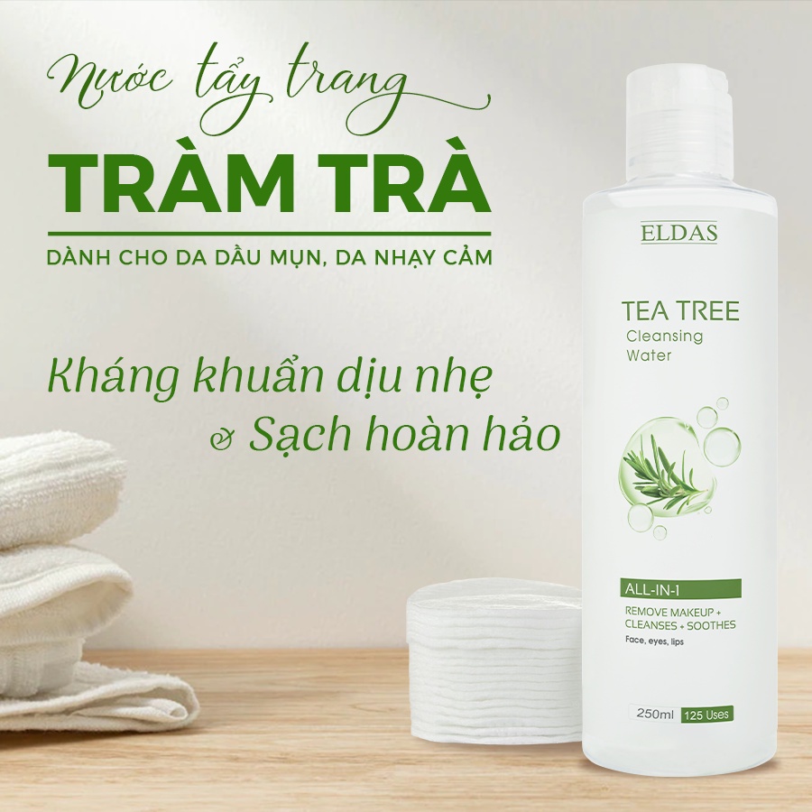 Nước Tẩy Trang Eldas Dành Cho Da Dầu Mụn, Tinh Chất Tràm Trà Lành Tính Làm Sạch Sâu Không Cồn Thẩm Thấu Nhanh 250ml/chai