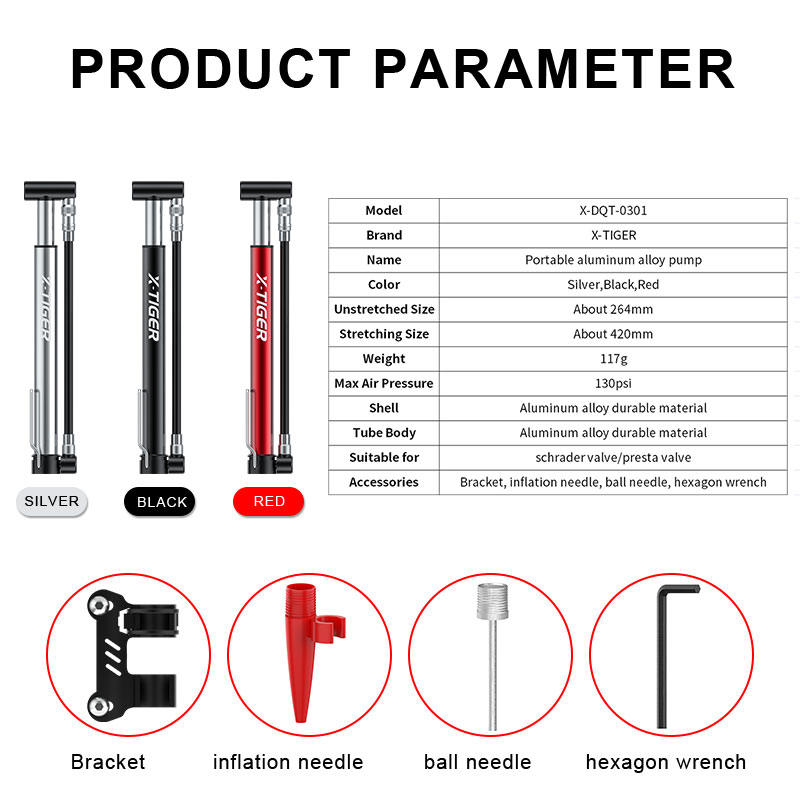 Ống Bơm Xe Đạp X-TIGER Mini Bằng Hợp Kim Nhôm Phù Hợp Cho Van Presta &amp; Schrader
