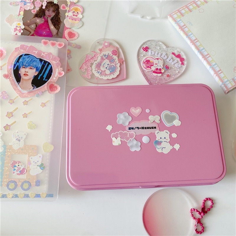 Hộp thiếc hồng đựng card, sticker, toploader