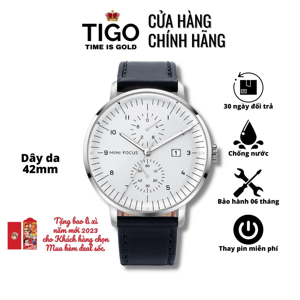 Đồng Hồ Nam MINI FOCUS MF0052G.01 Dây Da Đen Viền Bạc Thép Không Gỉ Cao Cấp Mặt Tròn Đường Kính 42mm Chống Nước