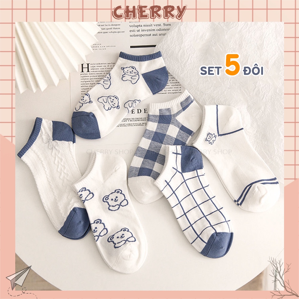 Tât cổ ngắn chất liệu cotton chống hôi chân, set 5 đôi tất vớ nữ phong cách trẻ trung - Cherry Shop