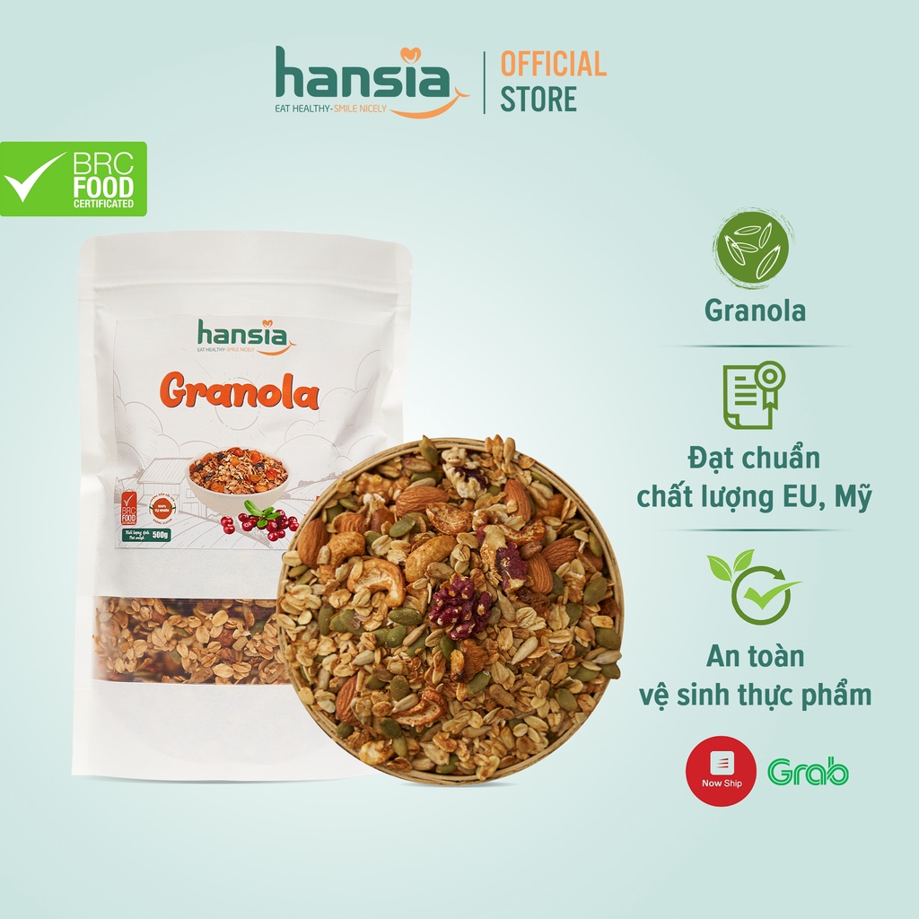 Ngũ Cốc Ăn Sáng Granola Organic HANSIA Gồm Nhiều Loại Hạt, Yến Mạch, Trái Cây Khô Giàu Năng Lượng Tiện Lợi Túi 250g-500g