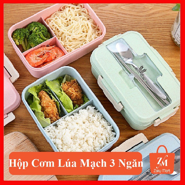 [Ảnh Thật+Video] Combo 2 Hộp Cơm Lúa Mạch 3 Ngăn Kèm Đũa Thìa Inox Cao Cấp Tiện Dụng Cho Dân Văn Phòng Và Sinh Viên