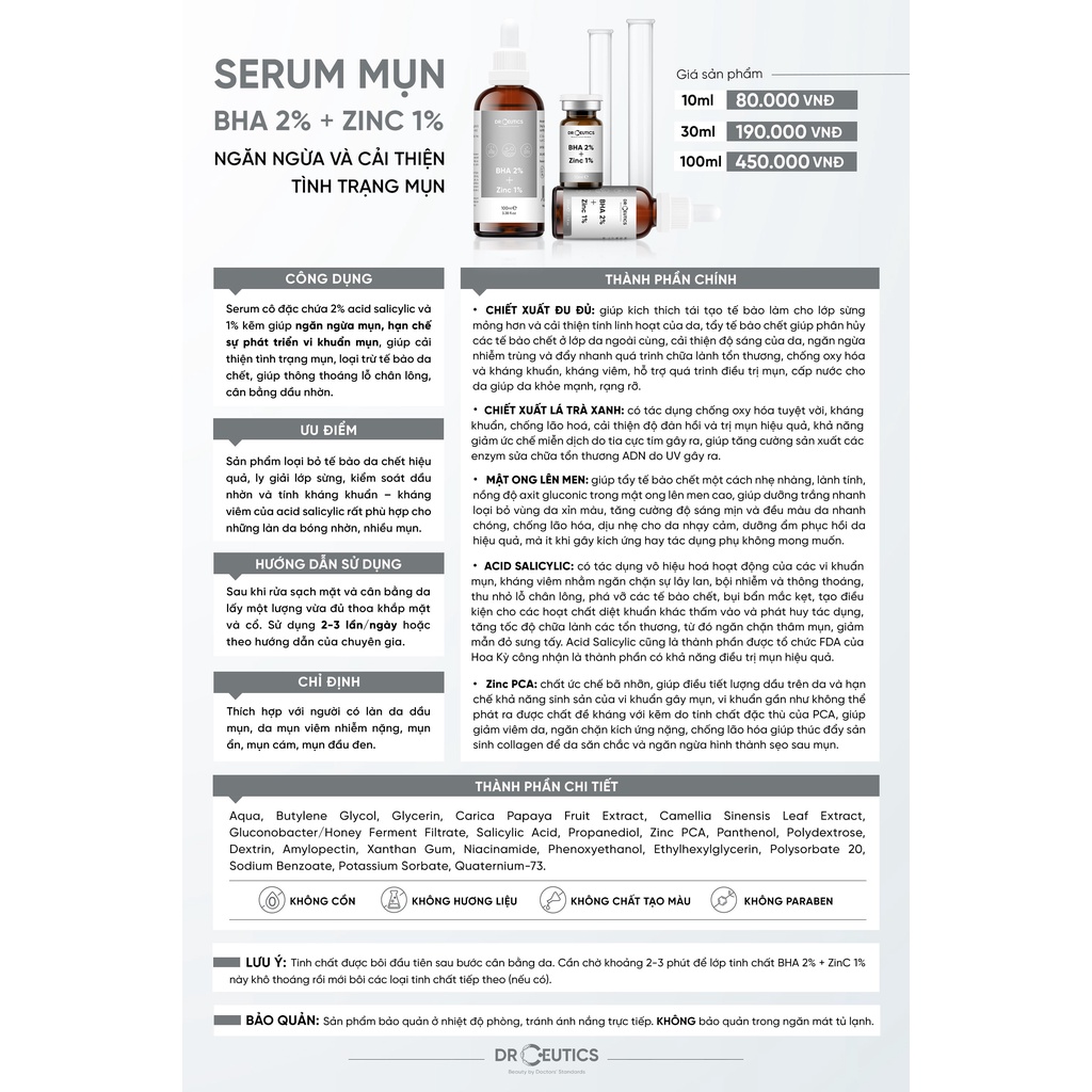 Serum BHA 2% + ZinC 1% DrCeutics Giảm Mụn Và Giảm Sưng Mụn tẩy da chết thông thoáng lỗ chân lông - Thi Vũ