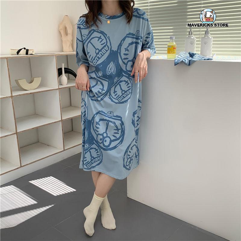 Đầm ngủ tay ngắn dáng rộng in hình mèo dễ thương thời trang mùa hè cho nữ