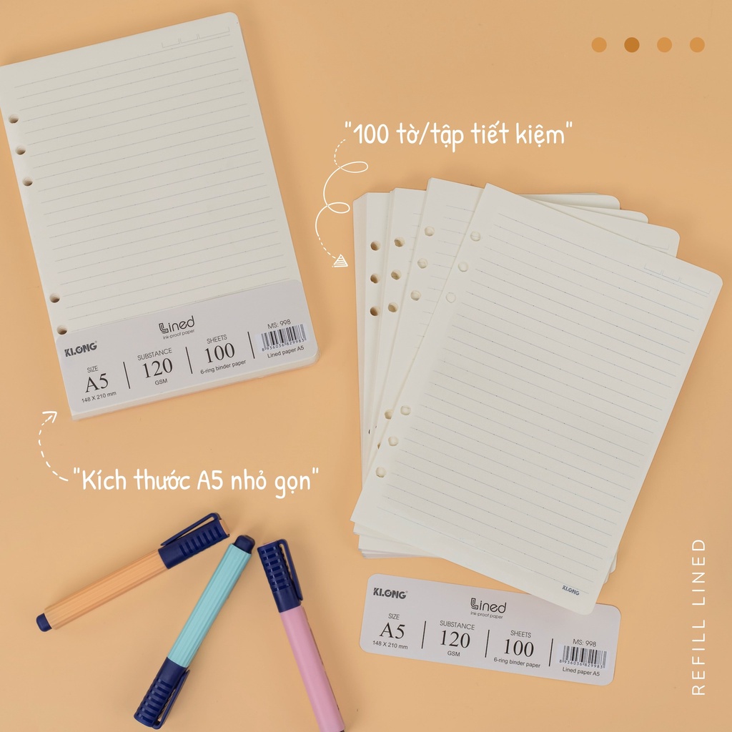 Ruột sổ còng kẻ ngang A5 100 tờ dày dặn, giấy refill binder file còng Klong MS 998