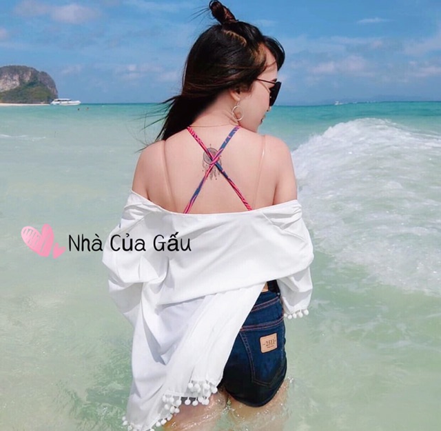 Áo khoác kimono tua bi voan mỏng đi biển