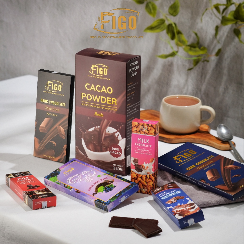 Bộ sản phẩm Bột cacao nguyên chất 250g+ 2 hộp Dark Chocolate mix vị 20g+ 3 hộp Milk Chocolate mix vị 20g FIGO