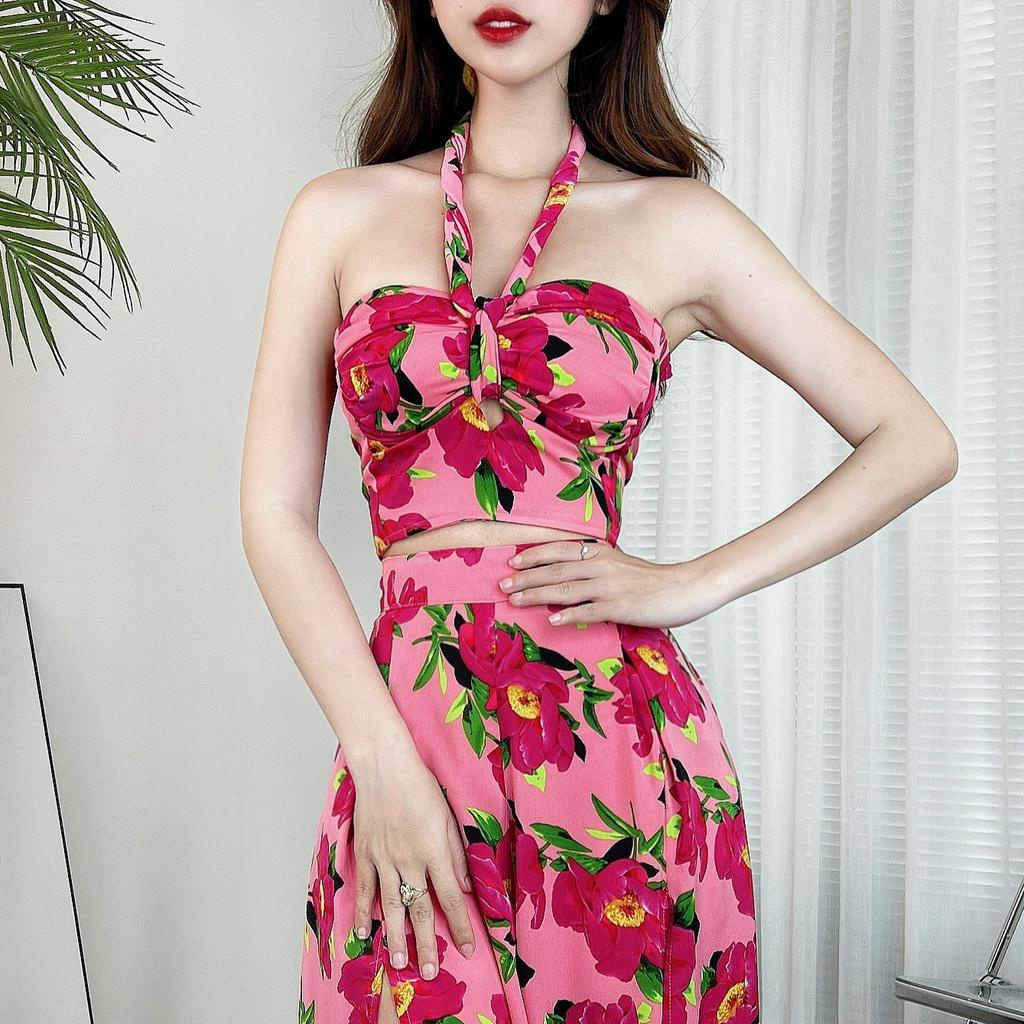 Set bộ rời hoa MIMIX áo croptop ngắn kèm dây và quần ống rộng xẻ tà đi biển BW0215