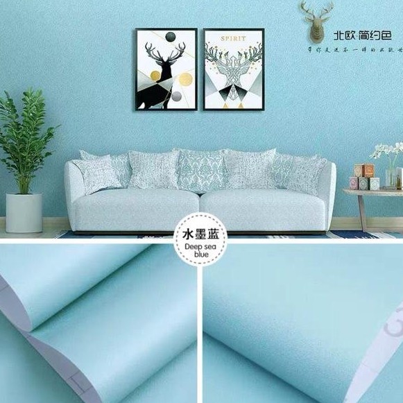 Giấy dán tường cuộn 10m màu xanh trơn vân nổi - 10m decal dán tường màu xanh vân nổi có keo sẵn