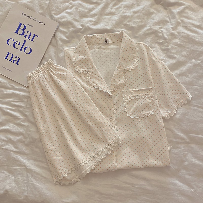 Bộ Đồ Ngủ Ngắn Tay Phối Ren Với Họa Tiết Chấm Bi Xinh Xắn Dành Cho Nữ | BigBuy360 - bigbuy360.vn
