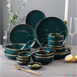 Tô Chén Bát Dĩa Mỏng Xanh Cổ Vịt, Xanh Đậm Viền Vàng Men Bóng - Gốm Sứ Cao Cấp - Phong Cách Bắc Âu