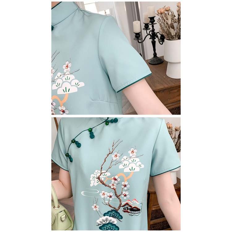 Đầm Sườn Xám Qipao Dáng Rộng Ngắn Tay Màu Xanh Dương Phong Cách Truyền Thống Trung Hoa Hiện Đại Thời Trang Cho Nữ Plus Size