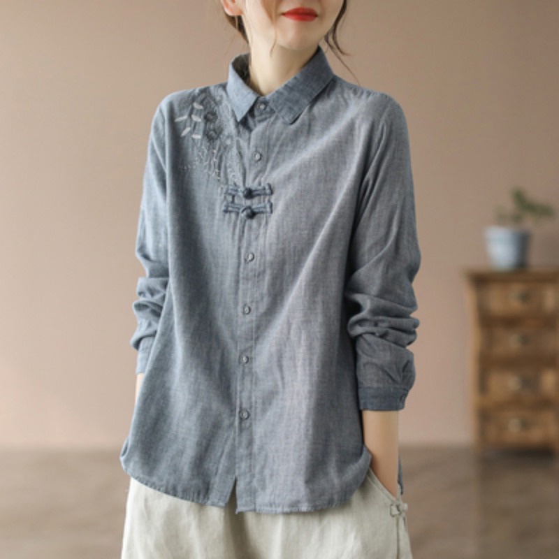 Áo Sơ Mi Cotton Lanh Tay Dài Cài Nút Thêu Họa Tiết Retro Phong Cách Nhật Bản Thời Trang Cho Nữ