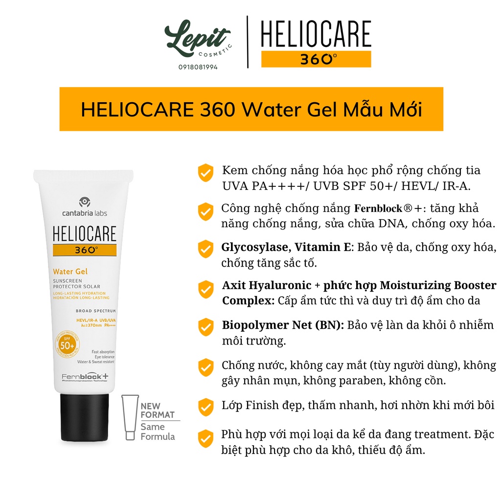 Kem chống nắng HelioCare Water Gel, Mineral Tolerance Fluid và Pigment Solution Fluid 50ml - Lepit Cosmetic