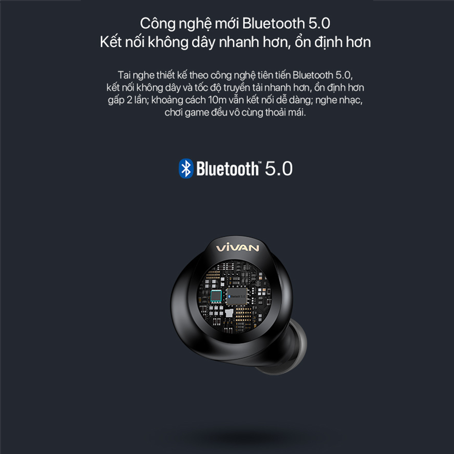 Tai nghe Bluetooth không dây 5.0 Vivan T100 nút điều khiển cảm ứng kết nối bluetooth android ios hoạt động 16 giờ