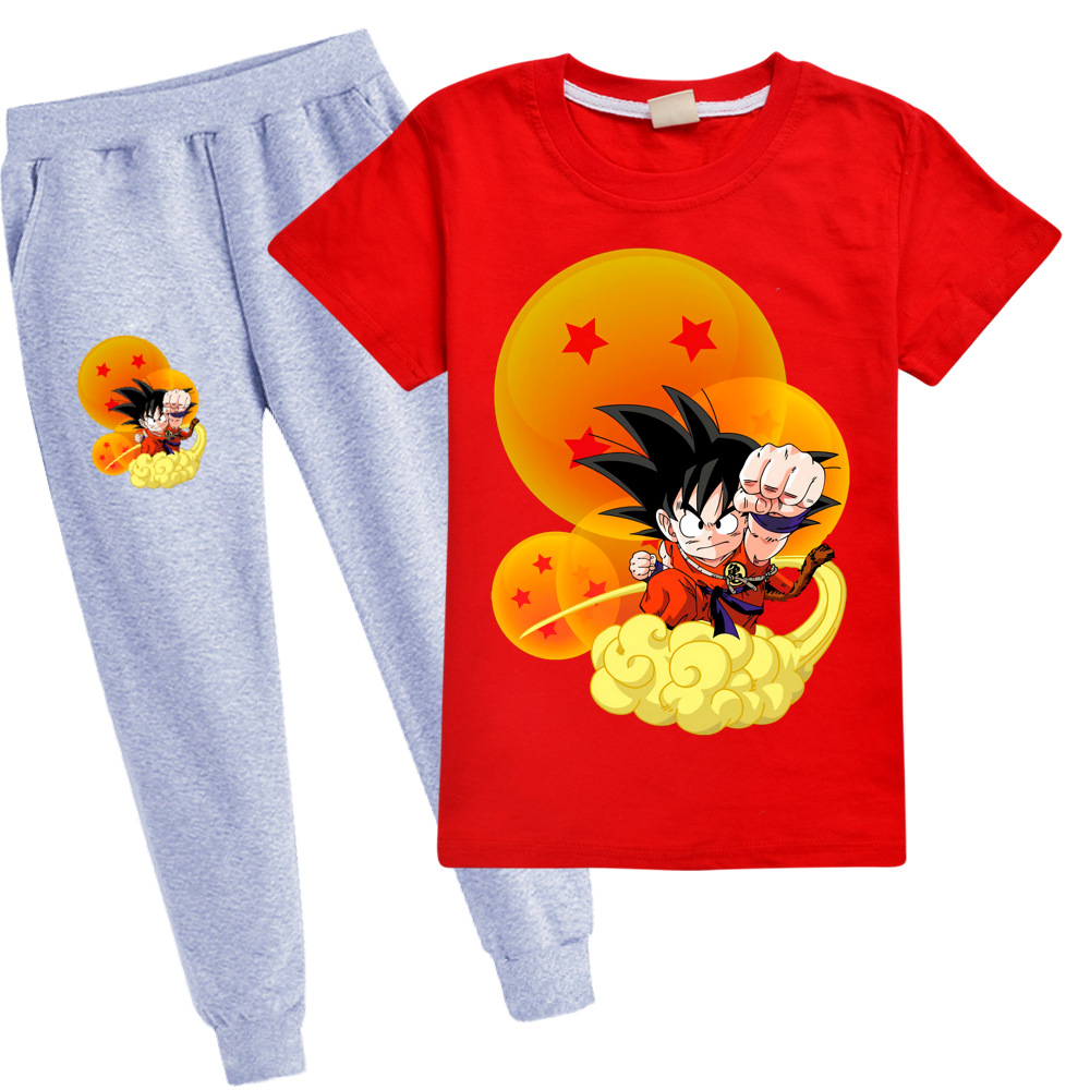 Set Áo Thun Tay Ngắn In Hình Dragon Ball + Quần Dài Năng Động Thời Trang Phong Cách Hàn Quốc Cho Bé Trai