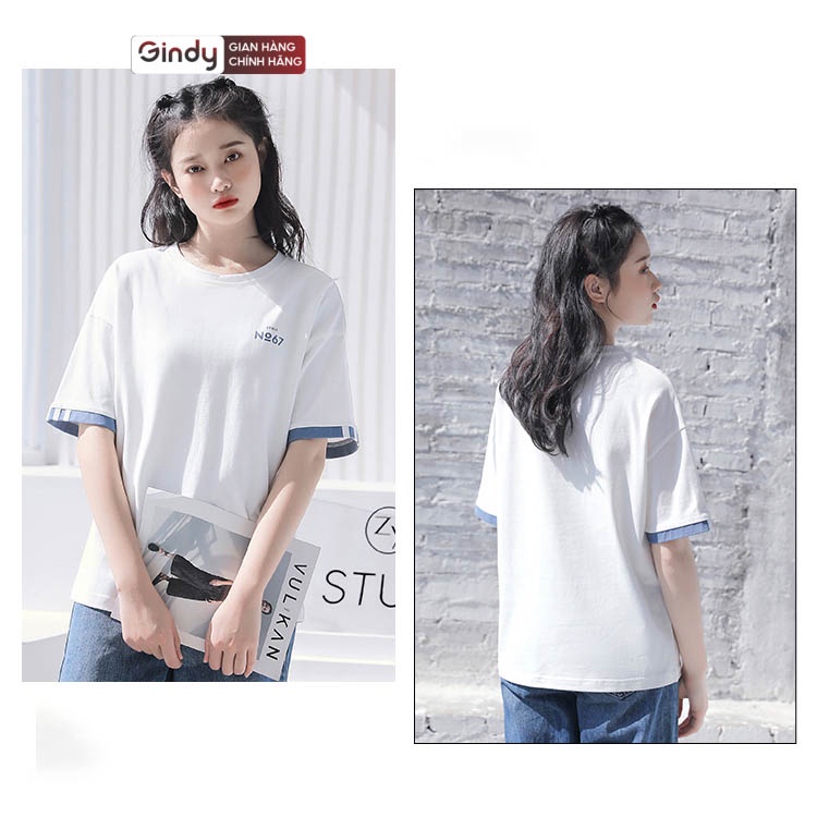 Áo thun form rộng tay lỡ nữ GINDY basic N067 cổ tròn dáng unisex vải cotton co giãn, thoáng mát A6142