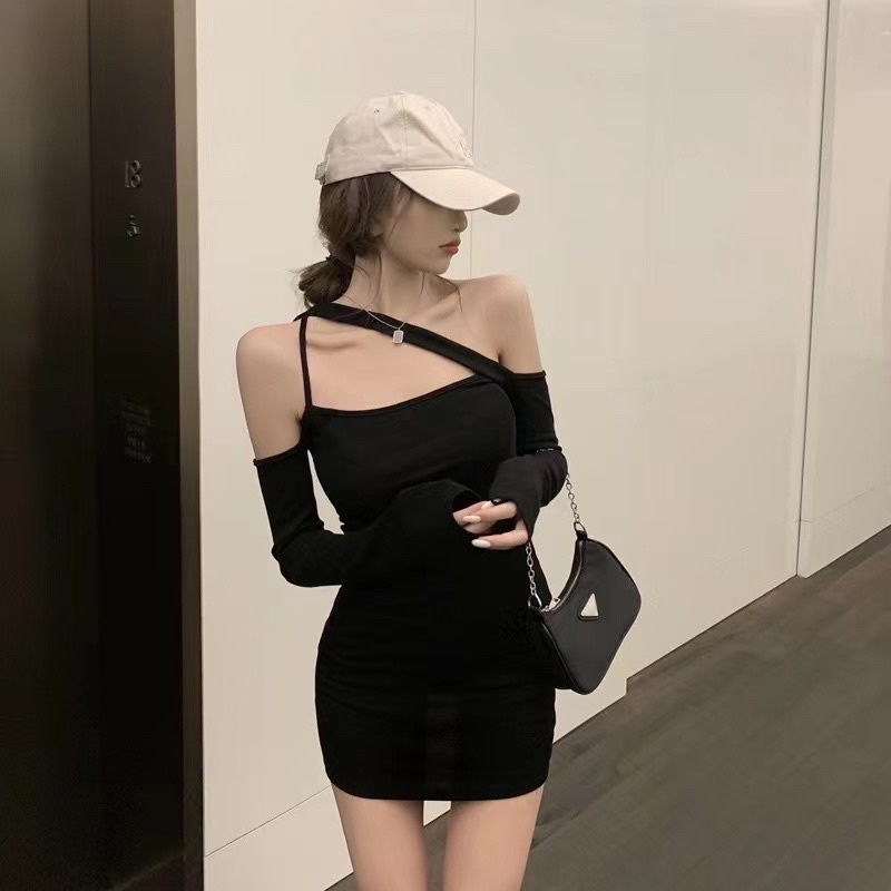 Đầm body bệt vai phối dây chéo cổ siêu hót chất vải thun Borip FreeSize