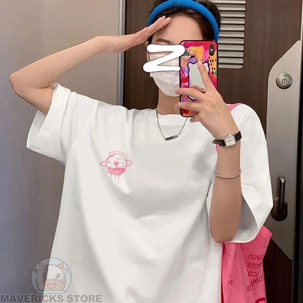 Áo Thun Cotton Tay Ngắn Dáng Rộng In Hình Hành Tinh Màu Hồng Thời Trang Mùa Hè Cho Nữ
