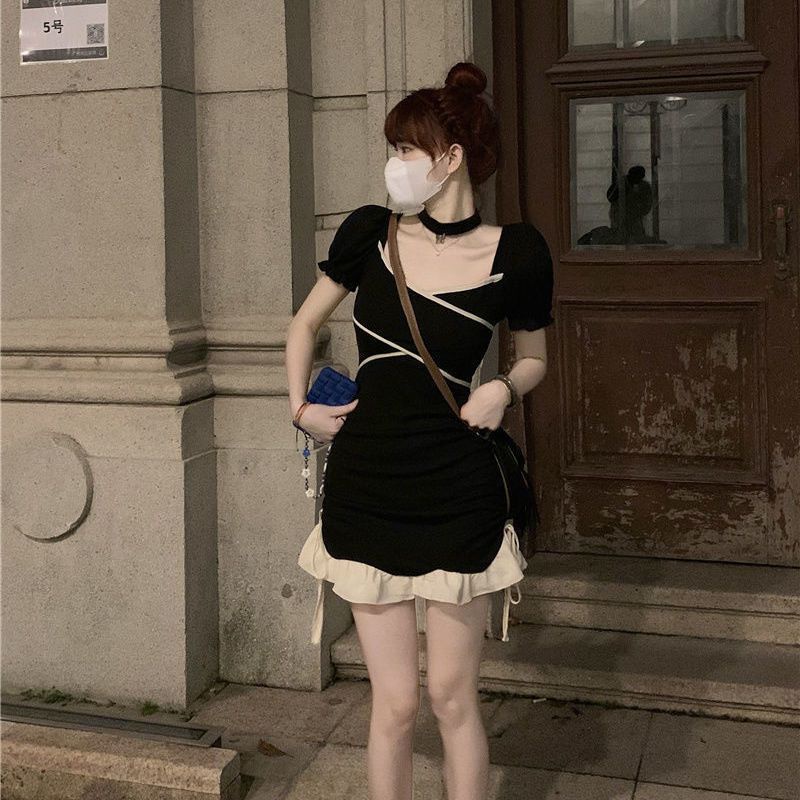 Đầm ngắn mỏng khoe eo cột dây màu phong cách hot girl kiểu Pháp mùa hè cho nữ hơi mũm mĩm