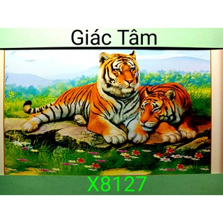 Tranh thêu SONG HỔ - 66x50cm - X8127 - NHỊ HỔ 2 CỌP BÔNG HOA NÚI RỪNG - tranh thêu chữ thập chưa thêu
