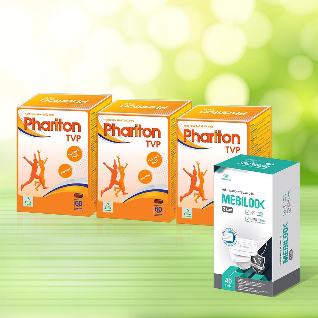 Combo Thực phẩm bảo vệ sức khỏe PHARITON TVP (3 hộp) + Khẩu trang y tế cao cấp 3 lớp MEBILOOK (1 hộp)