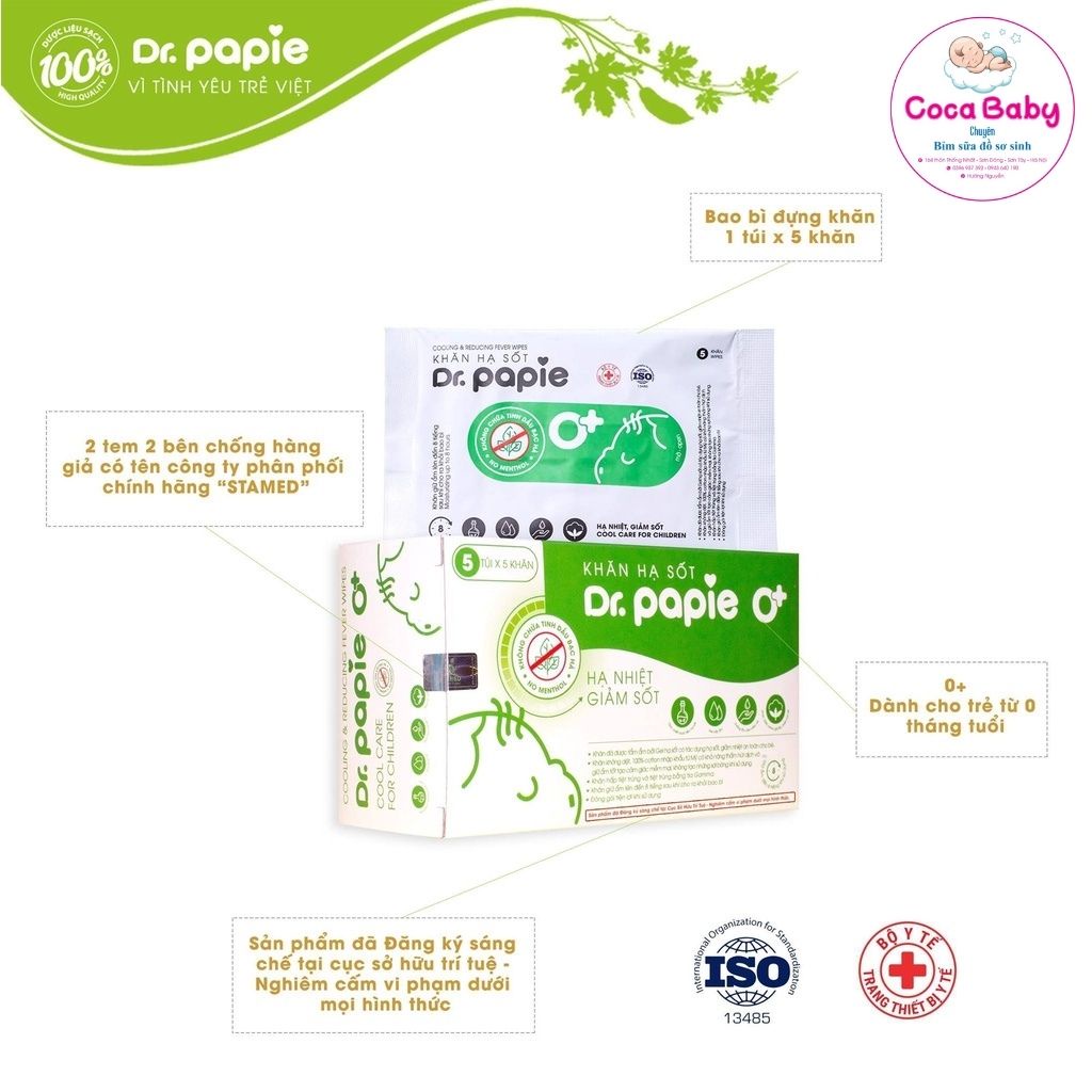 Khăn lau hạ sốt Dr Papie - Lau hạ nhiệt, giảm sốt cho bé Chiết Xuất thảo dược, bạc hà, tía tô Date mới nhất
