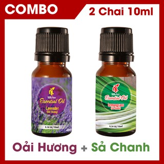[COMBO 2 chai] Tinh dầu Oải Hương 10ml + Tinh dầu Sả Chanh 10ml thiên nhiên nguyên chất 100%, nhập khẩu Ấn Độ