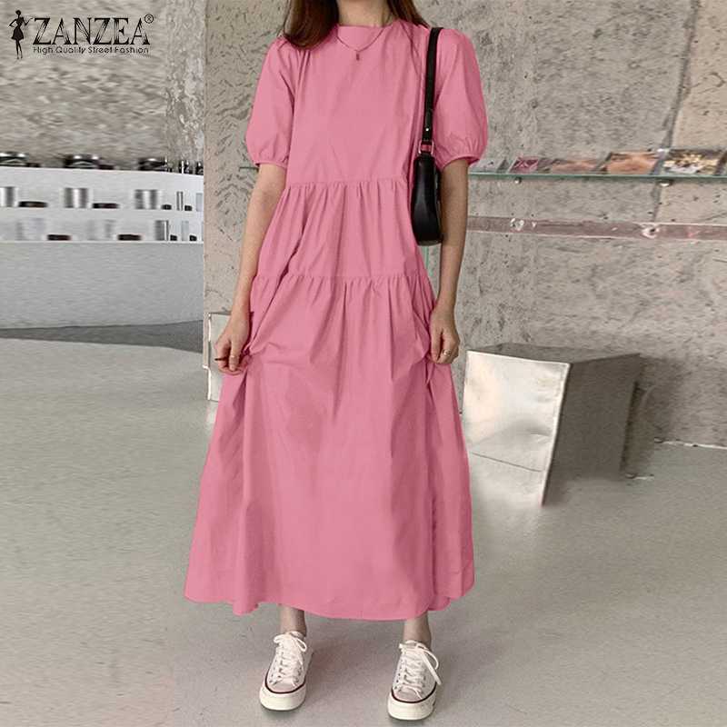 ZANZEA Women Leisure Loose Puff Sleeve Pleated Solid Color Party Maxi Dresses