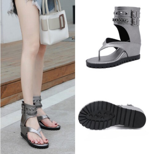 Sandal nữ Hàn Quốc, dép xỏ ngón nữ, từ da cao cấp, có trang trí quai xích, cao 7 phân