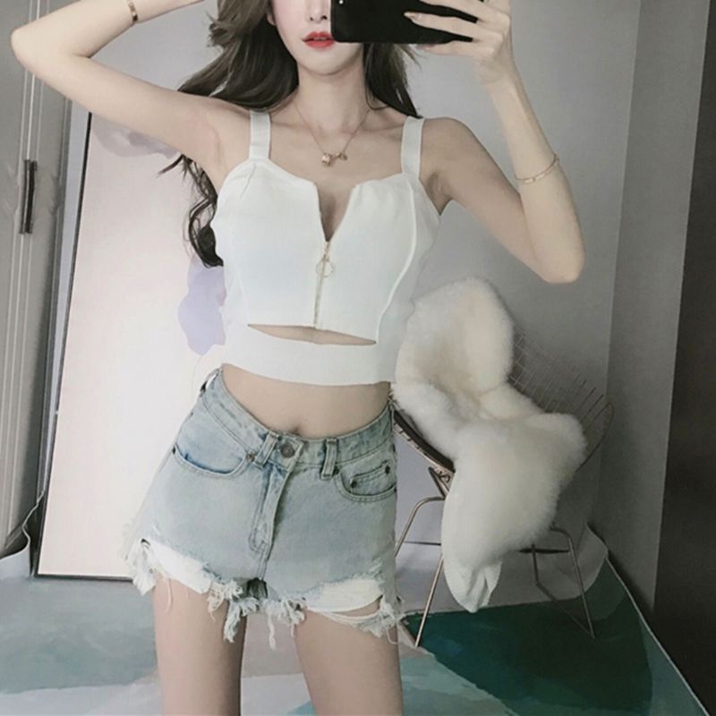 Áo Croptop Dệt Kim Không Tay Cổ Chữ V Màu Sắc Đơn Giản