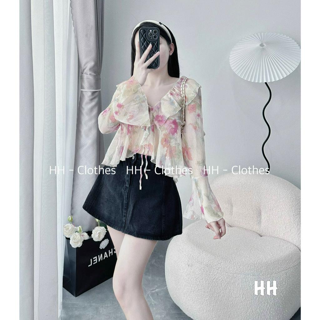 Áo hoa nhí voan tơ nữ cổ V viền bèo tay loe dài dáng ôm body bánh bèo đi biển