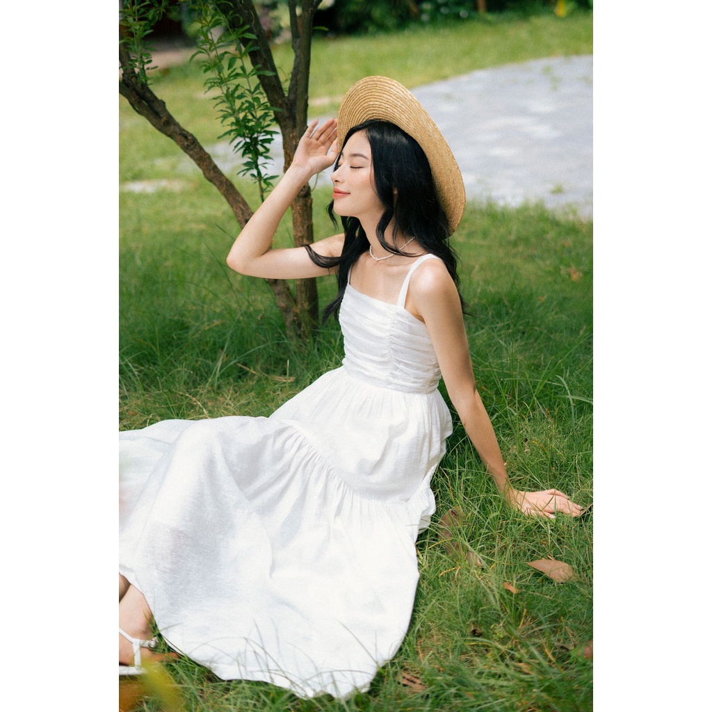 Váy 2 dây dáng dài nữ nhún ngực trắng MADELEN