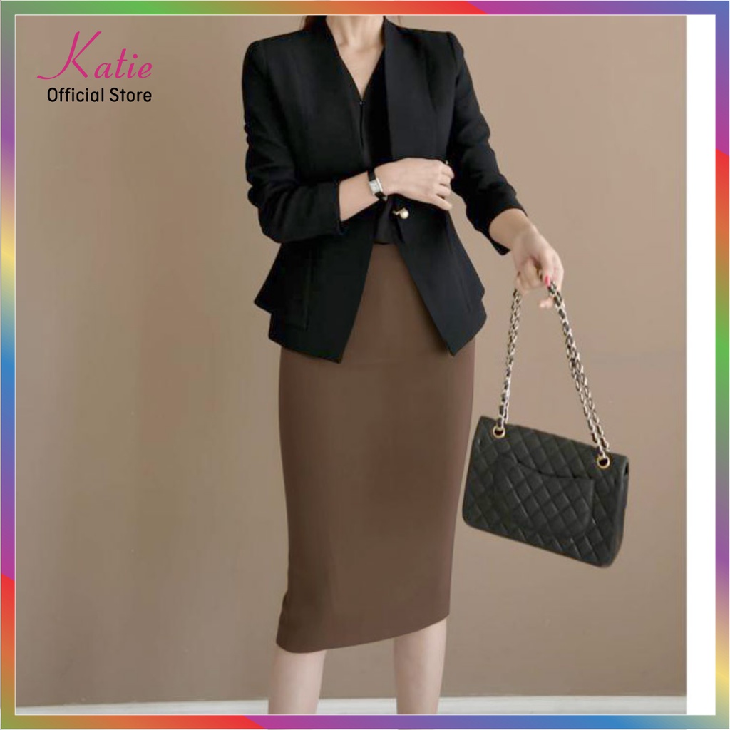 Chân Váy Ôm Bút Chì Qua Gối Màu Nâu Tây Katie Váy Công Sở Thun Hàn Co Giãn 4 Chiều, Size 40-80kg Cv802