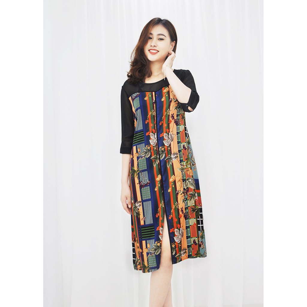 GOTI - Đầm Trung Niên Cao Cấp Dáng Suông Dài Rộng, Có Túi, Cổ Tròn, Tay Lỡ, Vải Lụa Cao Cấp In Hoa Tiết Hoa Lá 3071