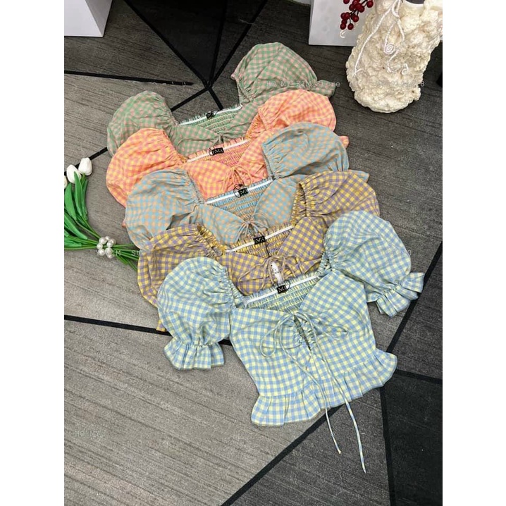 Áo croptop voan sọc caro điệu đà tay bồng nhún ngực xinh áo kiểu nữ HIJUNE CT10